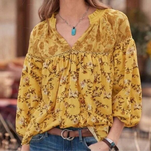 Sundance Tops - Sundance Florence Bloom Yellow Floral Blouse Cotton Top Balloon Sleeves Lace S